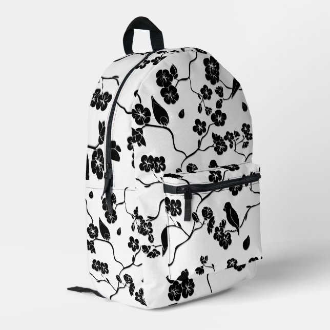 Black and White Pattern Birds on Cherry Blossoms   Printed Backpack (Back Corner Left)