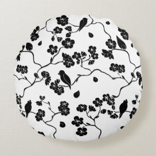 Black and White Pattern Birds on Cherry Blossoms Round Cushion
