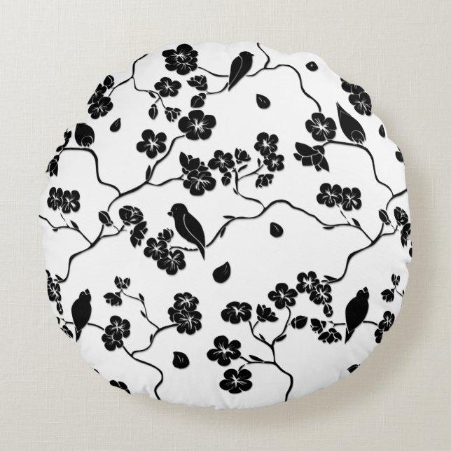 Black and White Pattern Birds on Cherry Blossoms Round Cushion (Front)