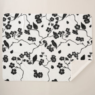 Black and White Pattern Birds on Cherry Blossoms Sherpa Blanket