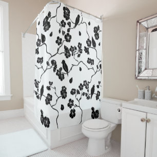 Black and White Pattern Birds on Cherry Blossoms   Shower Curtain