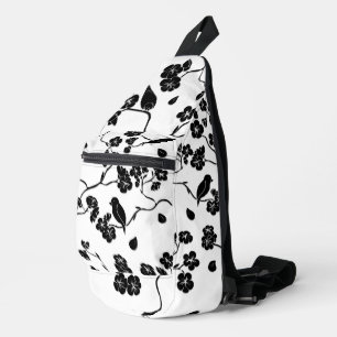 Black and White Pattern Birds on Cherry Blossoms Sling Bag