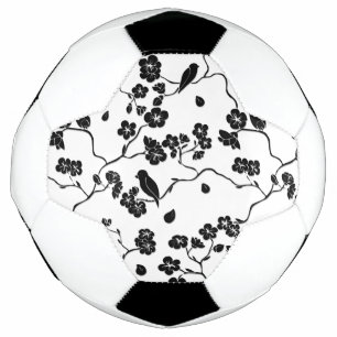 Black and White Pattern Birds on Cherry Blossoms Soccer Ball