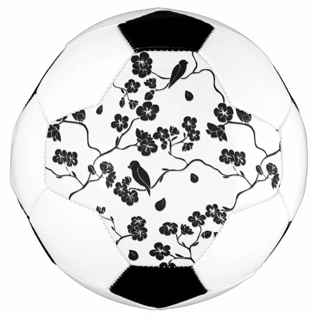 Black and White Pattern Birds on Cherry Blossoms Soccer Ball (Front)