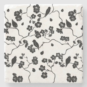 Black and White Pattern Birds on Cherry Blossoms Stone Coaster