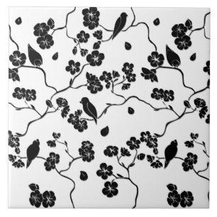 Black and White Pattern Birds on Cherry Blossoms   Tile
