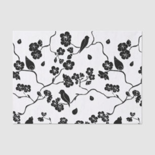 Black and White Pattern Birds on Cherry Blossoms Tissue Paper