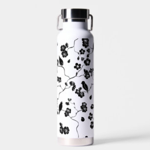 Black and White Pattern Birds on Cherry Blossoms   Water Bottle