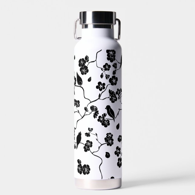 Black and White Pattern Birds on Cherry Blossoms   Water Bottle (Front)