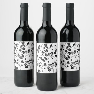 Black and White Pattern Birds on Cherry Blossoms   Wine Label