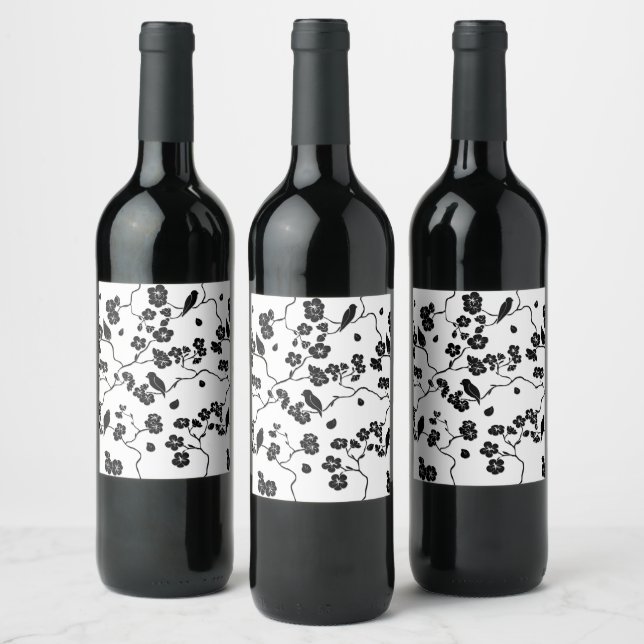 Black and White Pattern Birds on Cherry Blossoms   Wine Label (Bottles)