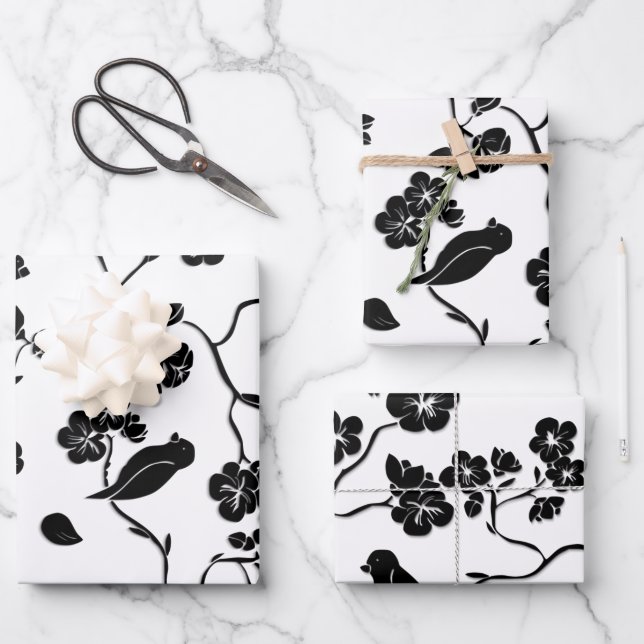 Black and White Pattern Birds on Cherry Blossoms   Wrapping Paper Sheet (Front)