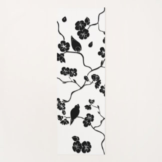 Black and White Pattern Birds on Cherry Blossoms Yoga Mat