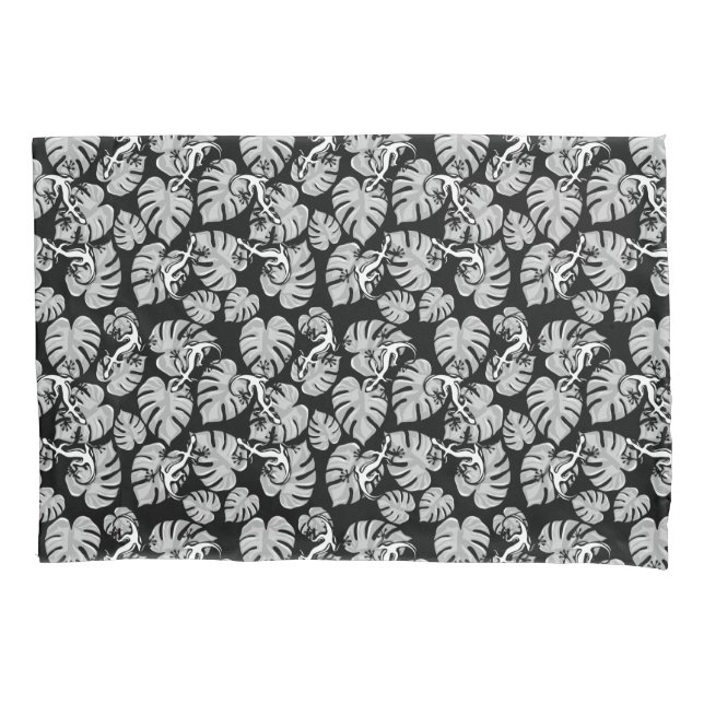 Black And White Pattern - Geckos And Leaves Pillowcase (Front)