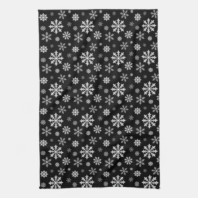 Black And White Pattern Of Winter Snowflakes Tea Towel (Vertical)
