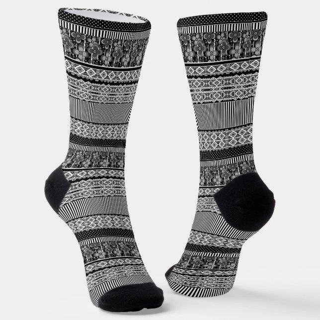Black and white pattern with lace and patchwork el socks (Angled)