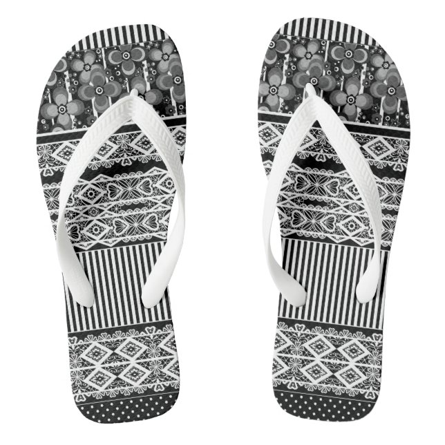 Black and white pattern with lace and patchwork  jandals (Footbed)