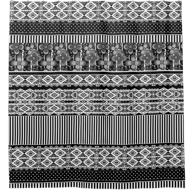 Black and white pattern with lace and patchwork shower curtain (Front)