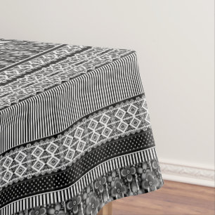 Black and white pattern with lace and patchwork tablecloth