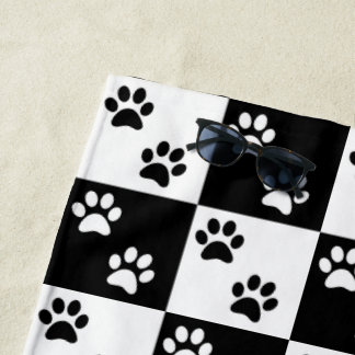 Black and white paw print chequered Beach Towel