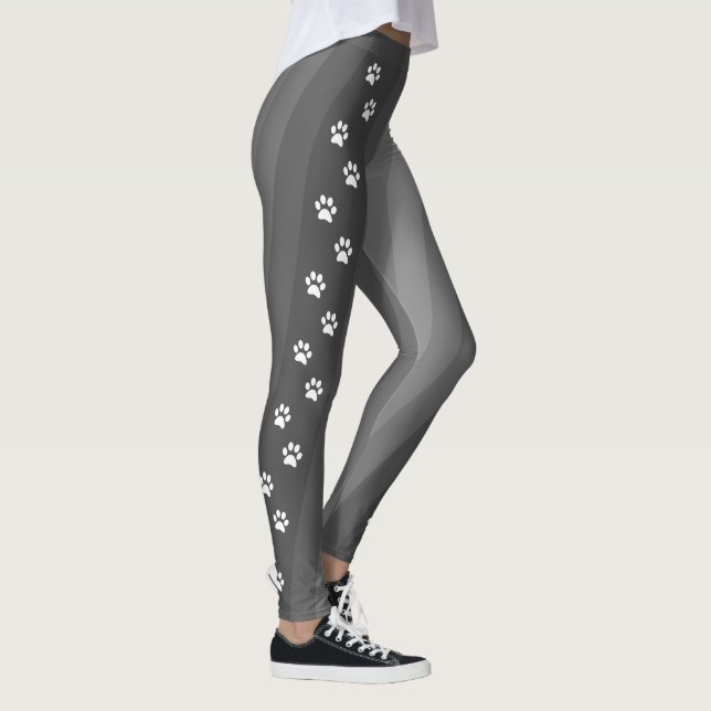 Black and White Paw Print Diagonal Stripe Workout Leggings (Right)