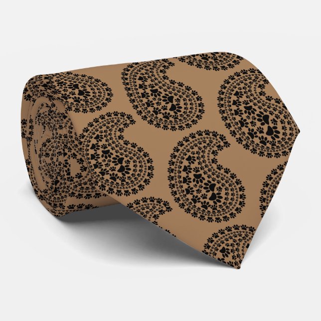 Black And White Paw Print Paisley Pattern Brown Tie (Rolled)