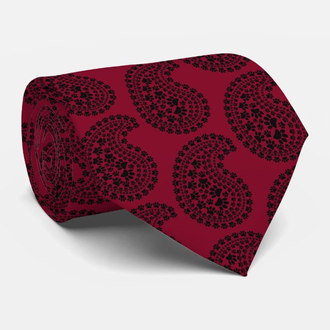 Black And White Paw Print Paisley Pattern Burgundy Tie (Rolled)