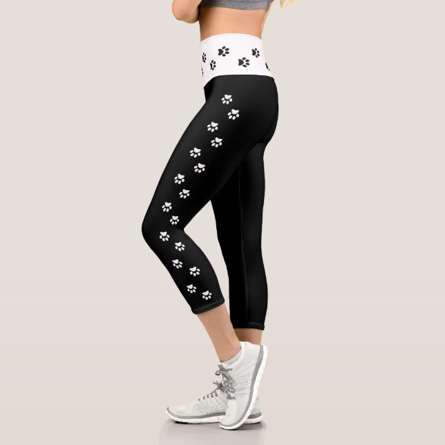 Black and White Paw Print Side Stripe High Waist Capri Leggings (Left)