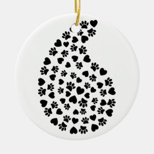Black And White Paws And Hearts Paisley Pattern Ceramic Tree Decoration