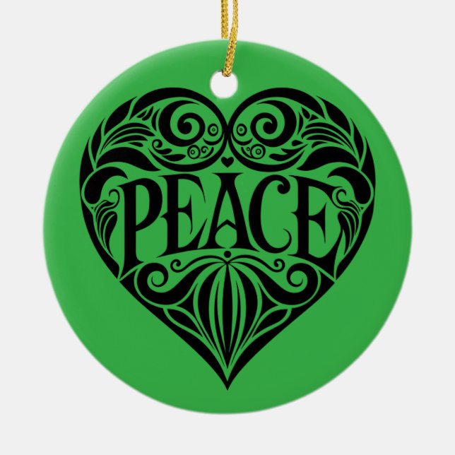 BLACK AND WHITE PEACE HEART CERAMIC TREE DECORATION (Front)