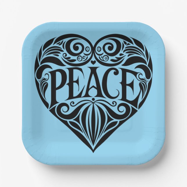 BLACK AND WHITE PEACE HEART PAPER PLATE (Front)