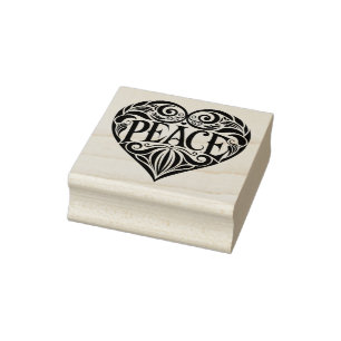 BLACK AND WHITE PEACE HEART RUBBER STAMP