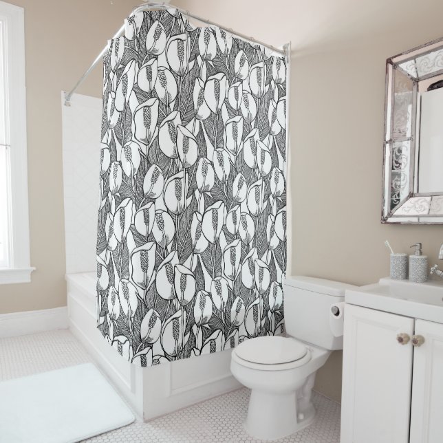 Black And White Peace Lily Pattern  Shower Curtain (In Situ)