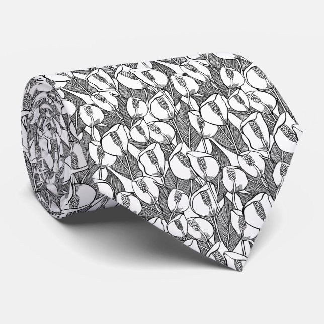 Black And White Peace Lily Pattern Tie (Rolled)