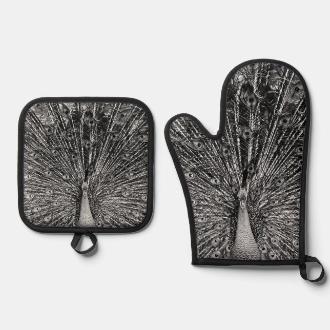 Black and White Peacock Photography Oven Mitt & Pot Holder Set (Front)