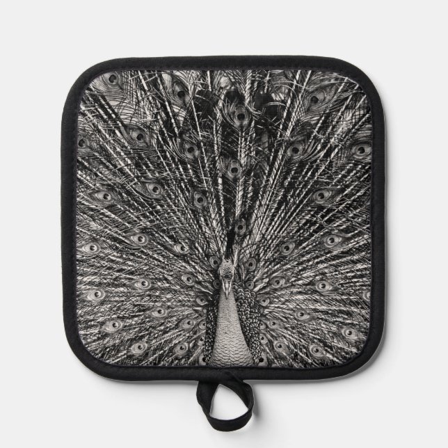 Black and White Peacock Photography Pot Holder (Front)