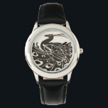 BLACK AND WHITE PEACOCK WATCH<br><div class="desc">Elegant Art Nouveau peacock in black and white</div>