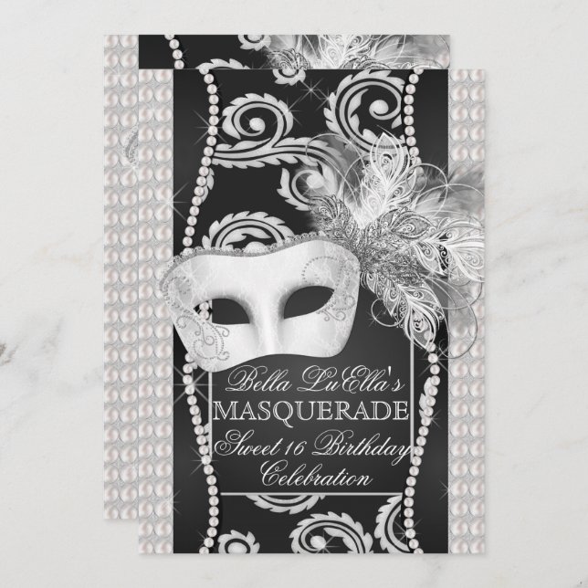 Black and White Pearl Masquerade Invitation (Front/Back)