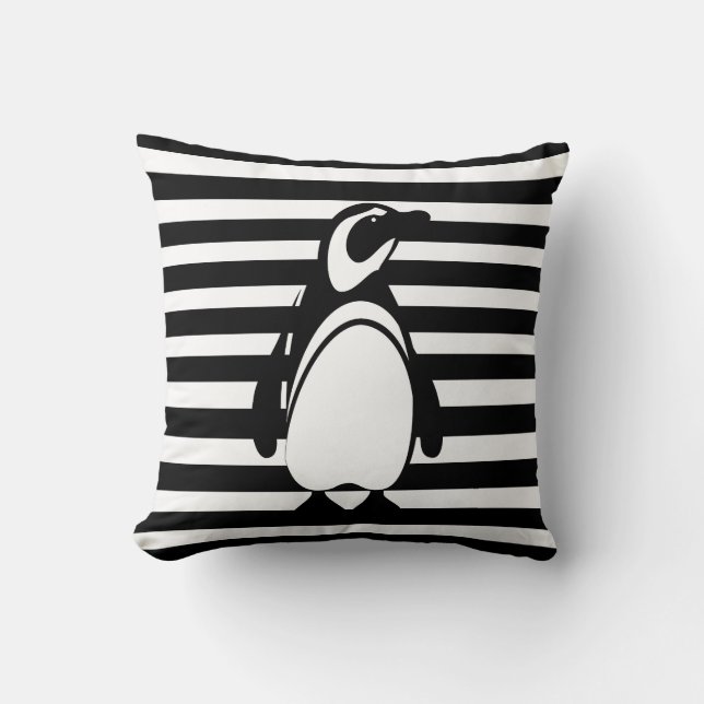 Black and White Penguin and Stripes Cushion (Front)