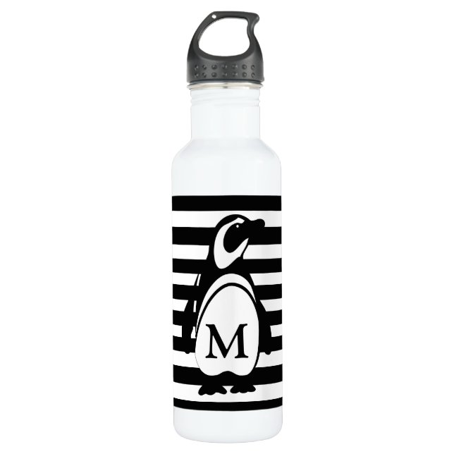 Black and White Penguin and Stripes Monogram 710 Ml Water Bottle (Front)