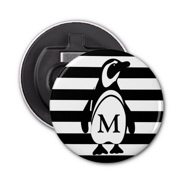 Black and White Penguin and Stripes Monogram Bottle Opener (Front)