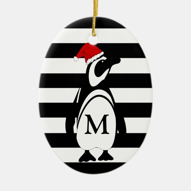 Black and White Penguin and Stripes Monogram Ceramic Tree Decoration (Front)
