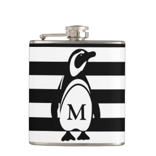 Black and White Penguin and Stripes Monogram Hip Flask