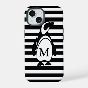 Black and White Penguin and Stripes Monogram iPhone 15 Case