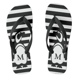 Black and White Penguin and Stripes Monogram Jandals