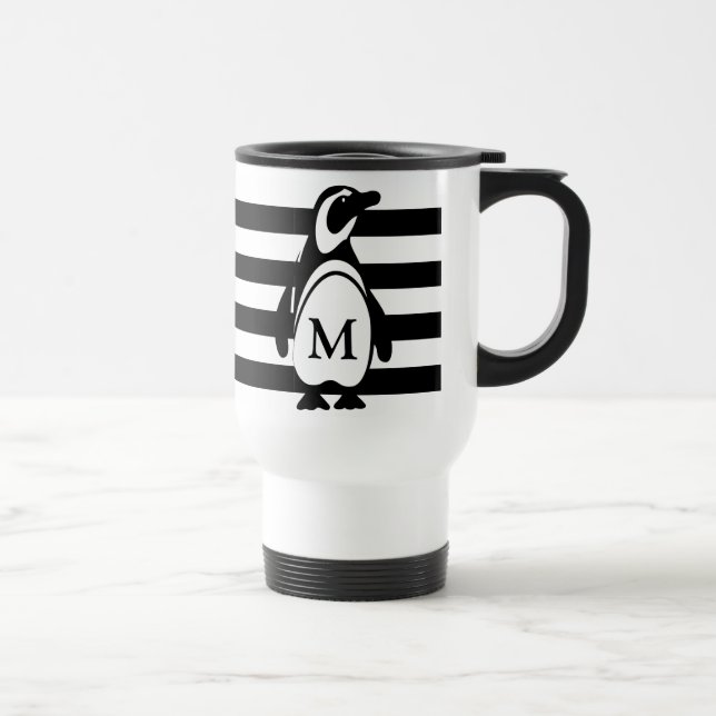 Black and White Penguin and Stripes Monogram Travel Mug (Right)