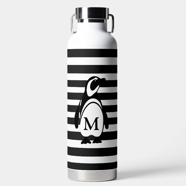 Black and White Penguin and Stripes Monogram Water Bottle (Front)