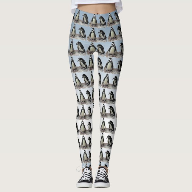Black and White Penguin Birds on Blue Leggings (Front)