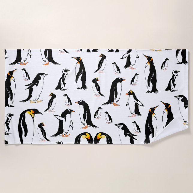 Black and white penguin Pattern Beach Towel (Front)