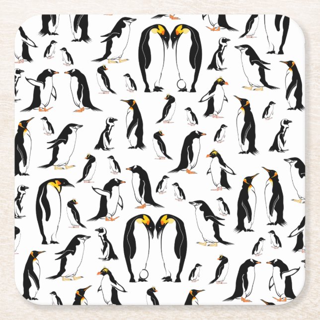 Black and white penguin Pattern Square Paper Coaster (Front)